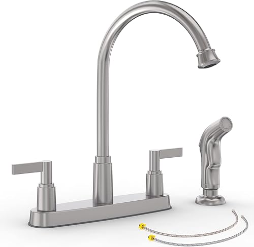 GOWIN Grifo de cocina de níquel cepillado con rociador lateral, grifo de fregadero de cocina de 2 asas, grifos de cocina para fregadero de 3