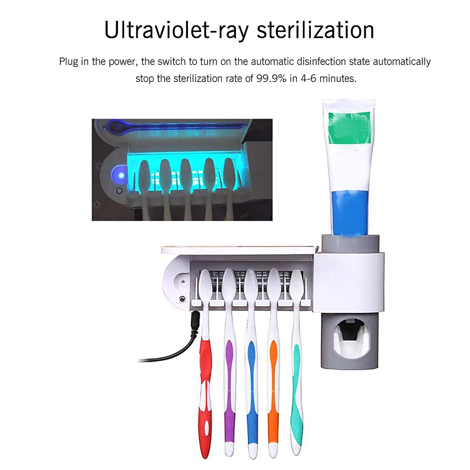 OurLeeme Soporte para cepillos de Dientes, esterilización con Cepillo de Dientes UV Soporte de Secado Dispensador automático de Pasta de Dientes Alimentación USB para 5 cepillos de Dientes
