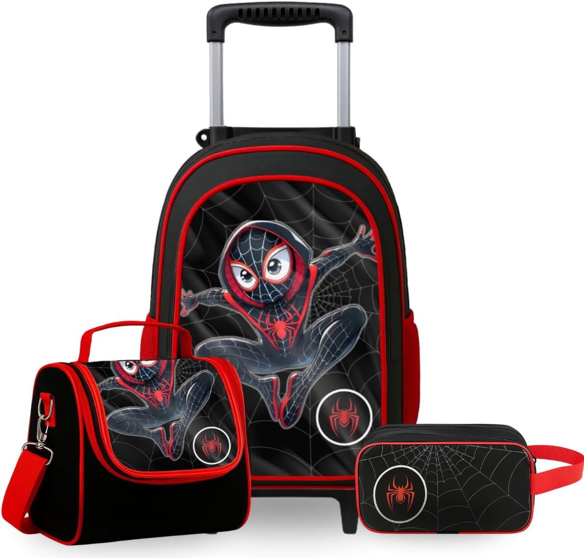Kit Mochila de Rodinha Escolar Aranha Infantil Masculino + Lancheira Transversal + Estojo Duplo Menino