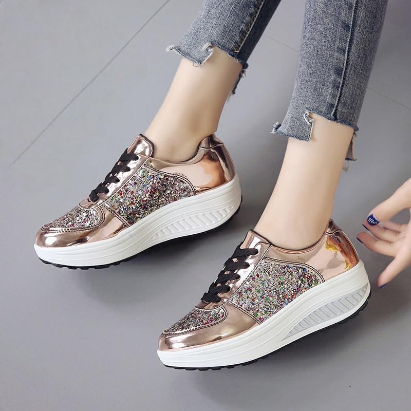 Women's Glitter Platform Wedge Athletic Tennis Walking Shoes Sparkly Sequin Lightweight Non Slip Casual Comfort Fashion Colorblock Sneakers - Image 3