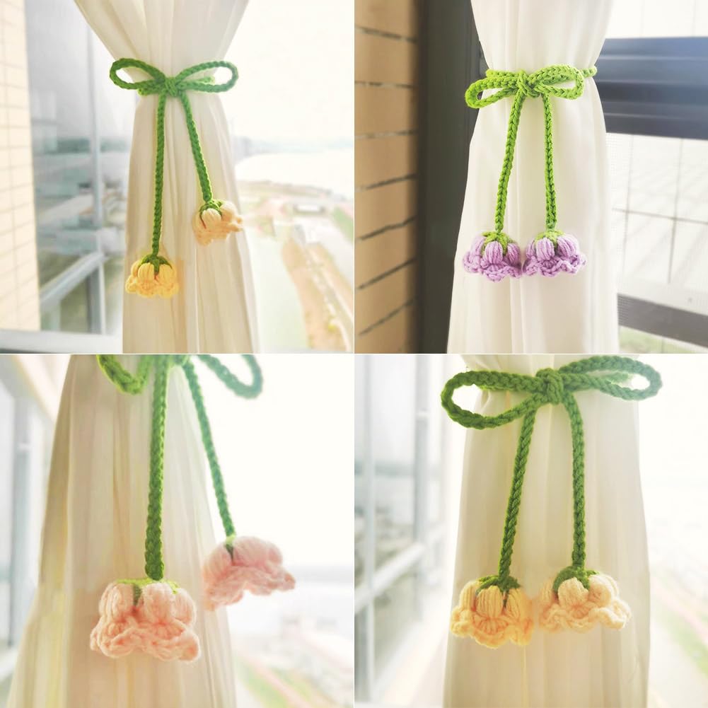 WAYUTO Pink Flower Curtain Tiebacks Handmade 2Pcs Adjustable Green Floral Tie Backs for Curtains Drapes Window Fancy Cute Creative Curtain Buckle Strap for Home Office Bedroom Decorative