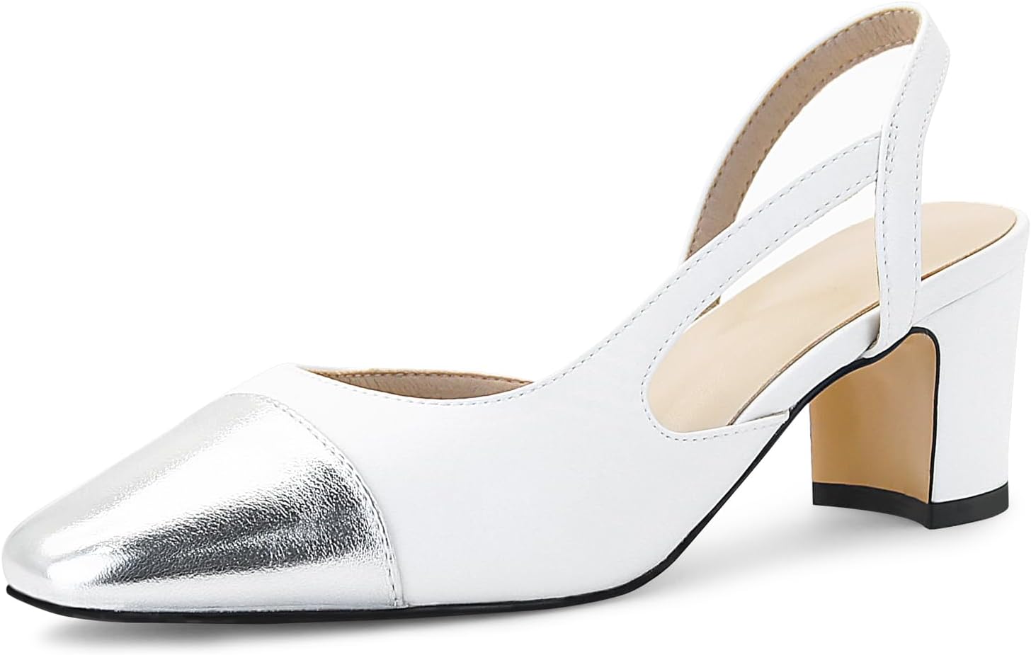 MICIFA Slingback Heels for Women，Round Toe Chunky Heeled Pumps Ankle Strap Fashion Splicing Dress Shoes