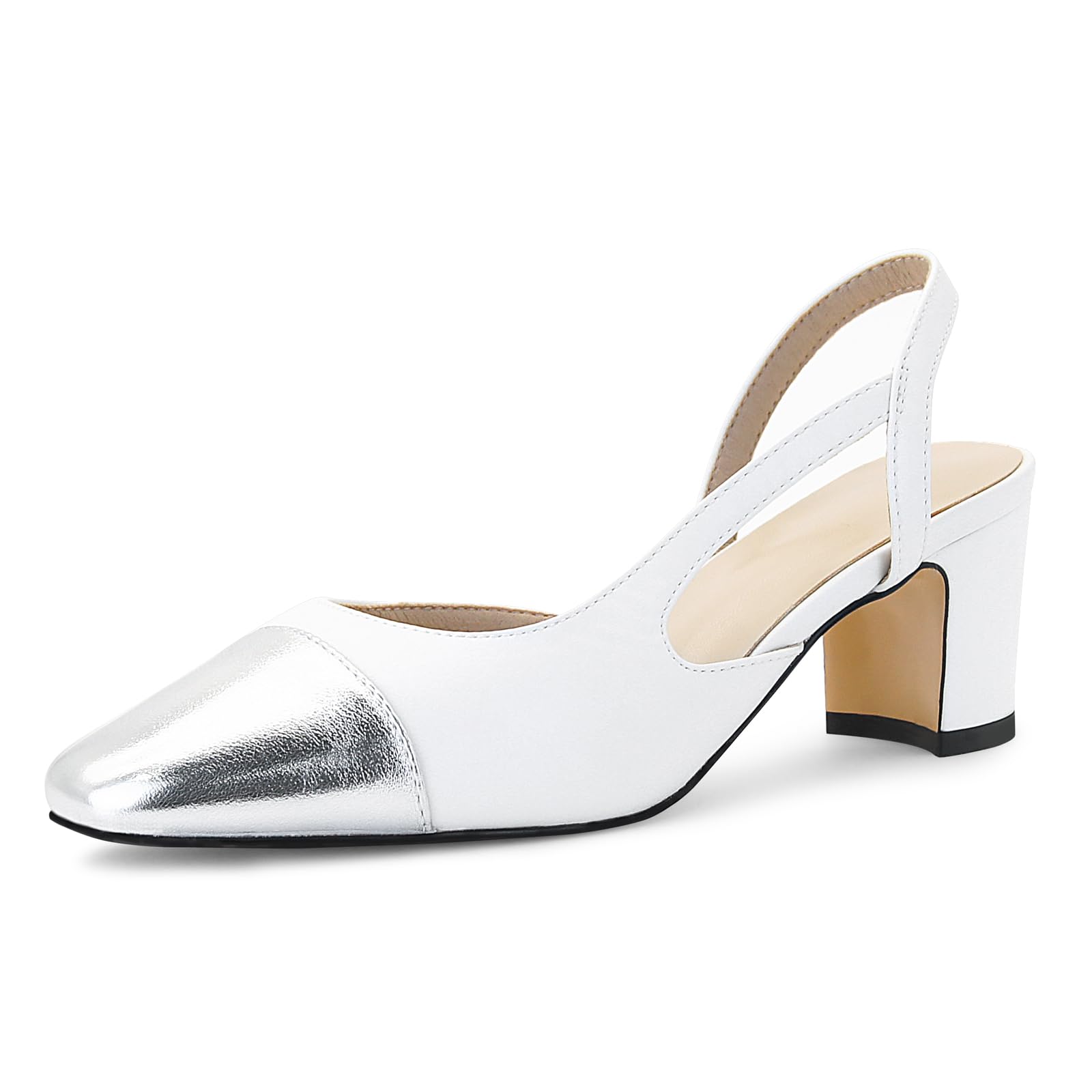 MICIFA Slingback Heels for Women，Round Toe Chunky Heeled Pumps Ankle Strap Fashion Splicing Dress Shoes