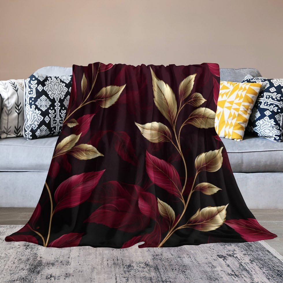 Miniatura 6 de Manta para sofá, elegante manta de hojas color burdeos, lujosa, cálida y acogedora manta de hojas vibrantes de 50 x 60 pulgadas para sofá, cama,