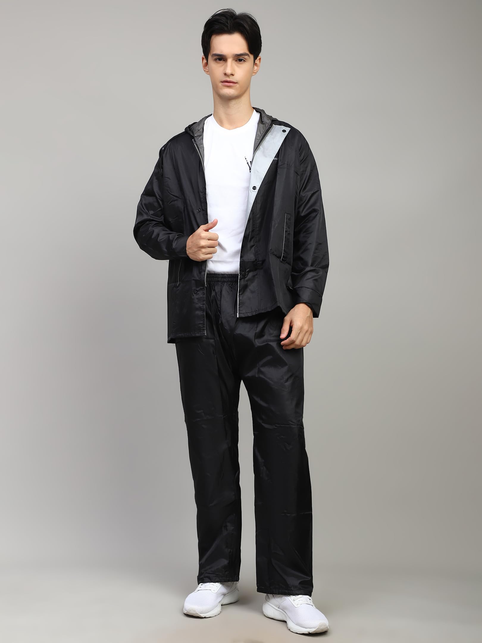Shasmi Black Rain Coat for Men Waterproof Raincoat with Pants Polyester Double Layer Rain Coat For Men Bike Rain Suit Rain Jacket Suit Inner Mobile Pocket with Storage Bag (Rainy 174 Black-L) - Image 5 thumbnail