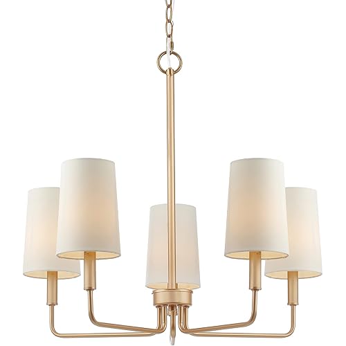 Chandelier, Muted Gold with White Fabric Shade, Farmhouse Linear Island Lighting Fixture for Kitchen, Dining Room (5-Light Muted Gold with Fabric Shades)
