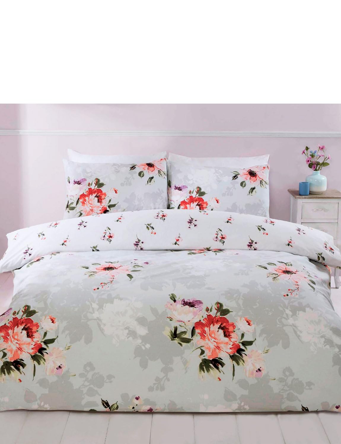 Rapport Margot Flowers Reversible Duvet Cover Set Floral Grey Bedding Easy Care Microfibre Polyester from B&Q