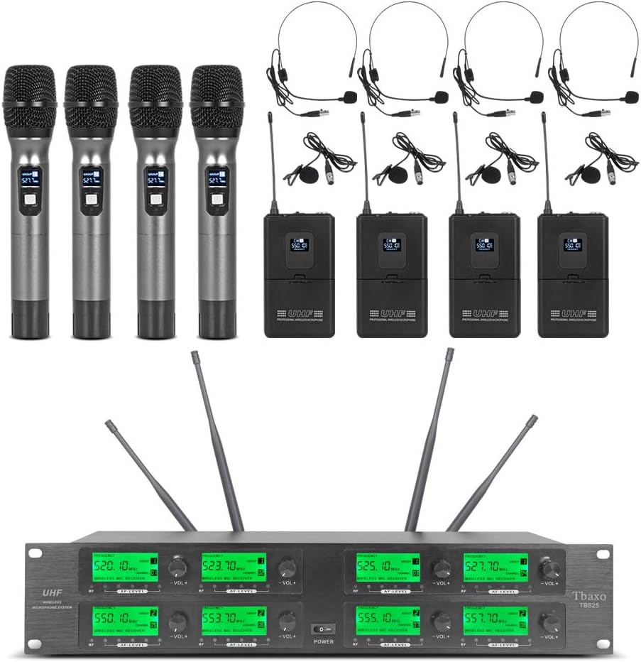 Frequency A Wireless Microphone System 8 Channel Microphone UHF 4 Handheld Mic 4 Headset 4 Lavalier Bodypack 4 Lapel Mic Pro Audio Karaoke System Church Speaking Conference Wedding Party