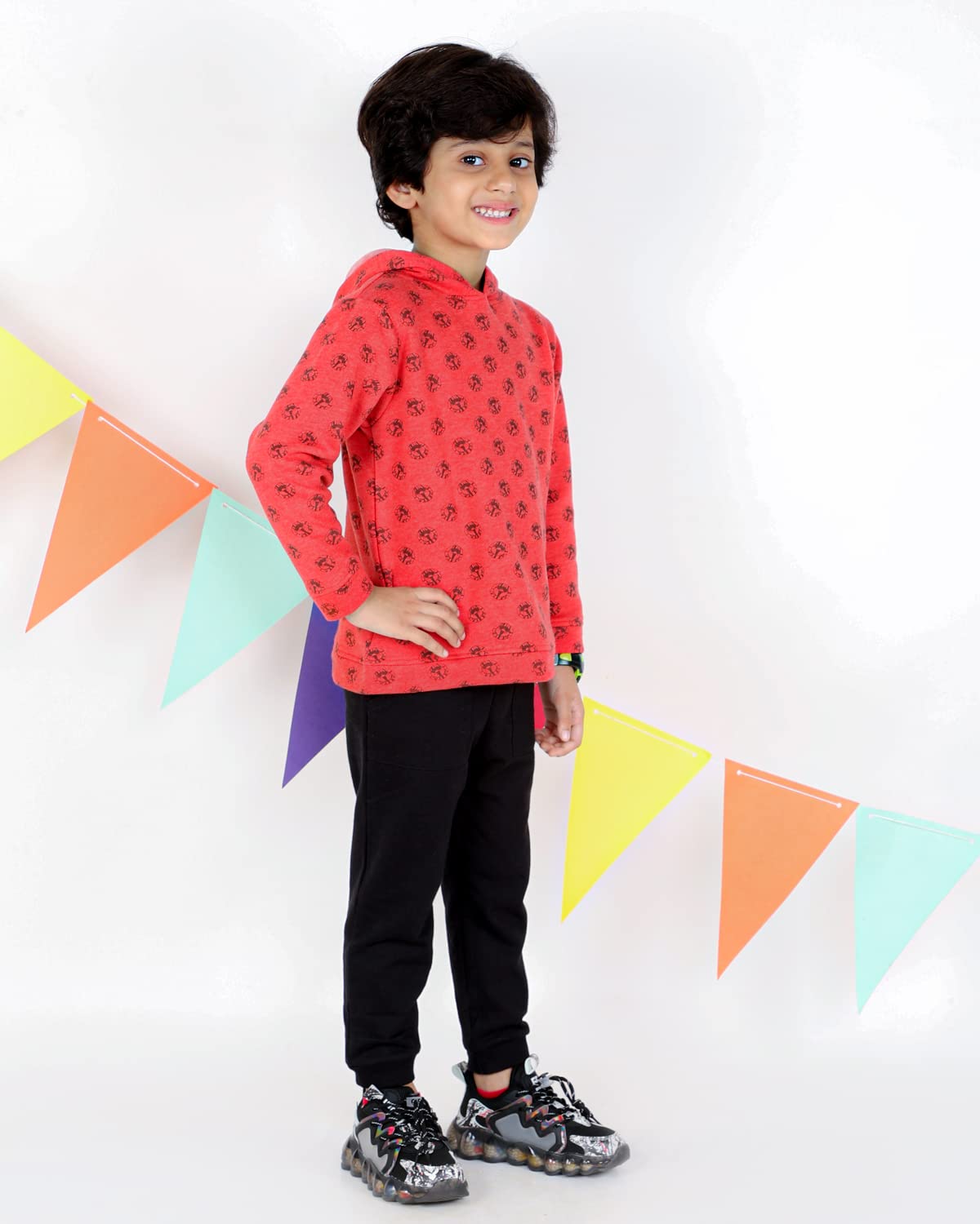 The Mom Store Printed Cotton Full Sleeves Hoodie for Boys| 100% Cotton with Brushed Fleece | Kids Winter wear | Cute Prints | Comfortable | Warm | Red | 3-4 | - Image 6 thumbnail