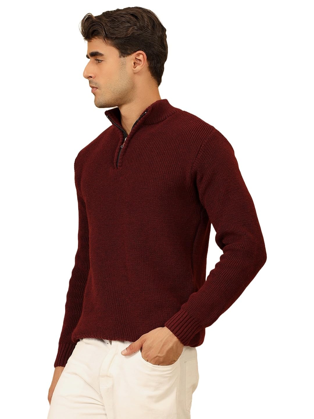 Mens High Neck Wool Blend Sweater Warm Full Sleeve Cable Knit Winter Pullover Quarter Zip Sweater for Casual and Office Wear-image-24