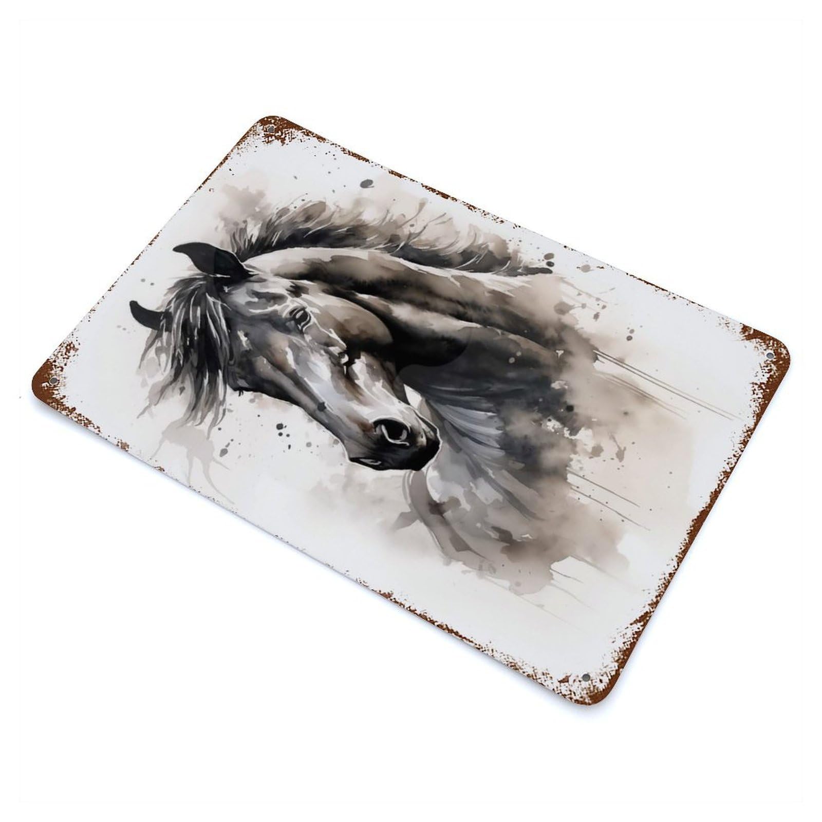 Black Horse Watercolor 11.8"x7.9" Retro Metal Sign, Industrial Home Decor for Office, Studio And Wall Decor