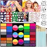 MKAKYES Pintacaras Infantil, 44 Colores Pintura Cara Niños, Pintura Facial con 11 Pinceles, 36 Plantillas, 2 Diamond Stickers, Pintura Corporal para Halloween Festival Fiesta Cosplay
