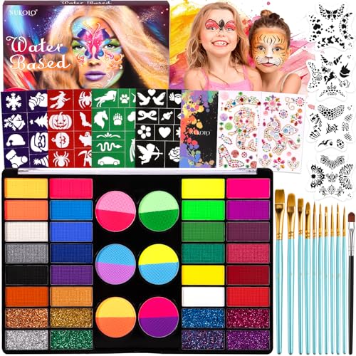MKAKYES Peinture Corporelle pour Le Visage, Palette de Maquillage Enfants, 44 Couleurs Peinture Visage avec 11 Pinceaux, 36 Pochoirs, 2 Diamant Autocollant, Face Paint pour Halloween, Noël, Carnaval