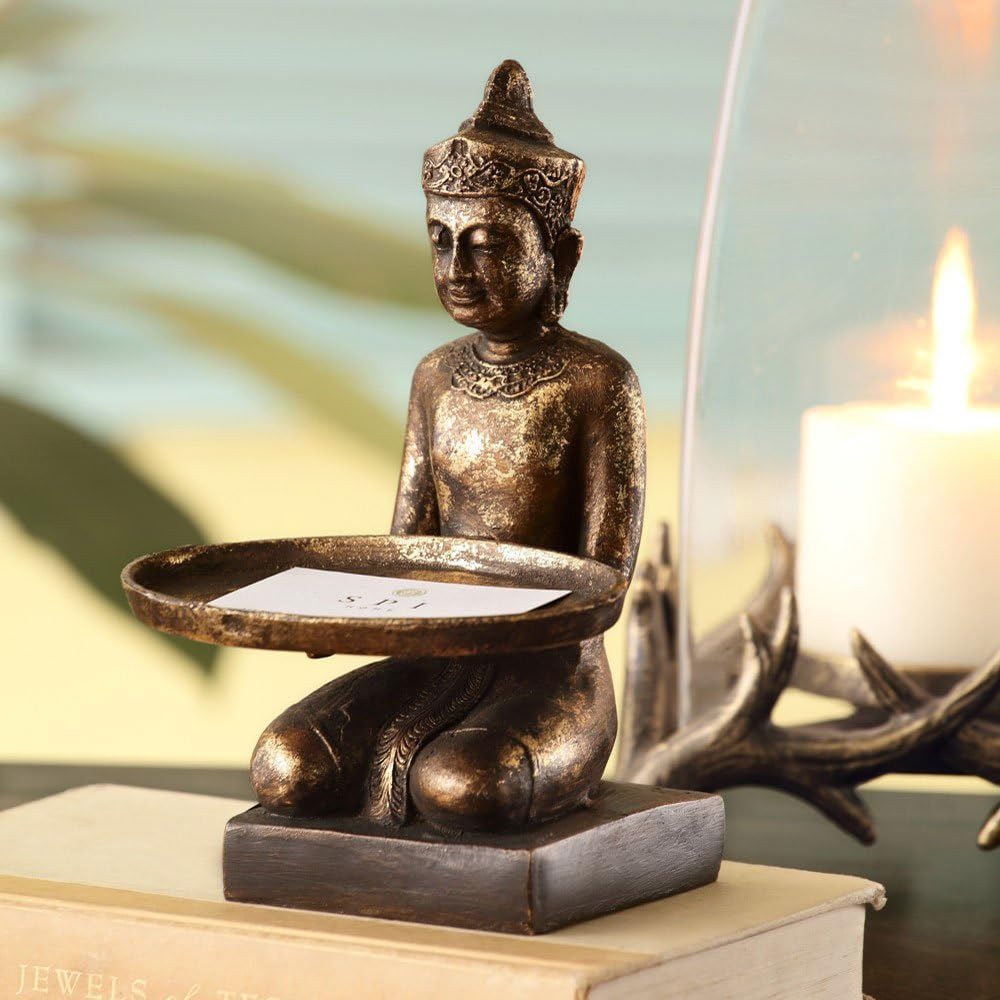 Siamese Monk Card Holder with Gold Antique Finish Decorative Statue. 5.2 Inches Long by 8.25 Inches Tall by 5 Inches Wide