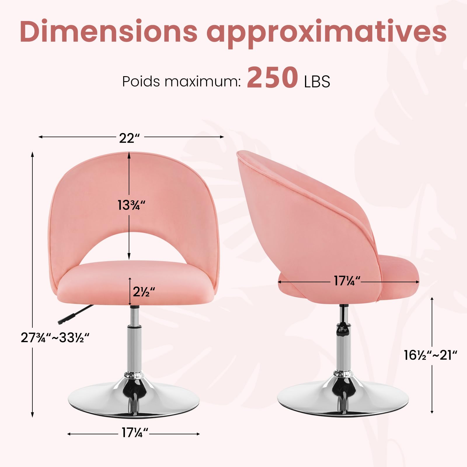 Chaise de Coiffeuse, Tabouret de Maquillage, Chaise de Salle à Manger Pivotante, Tabouret de Bar Réglable en Hauteur, Fauteuil de Salon Relax Tabourets de Cuisine avec Dossier et Socle, Rose