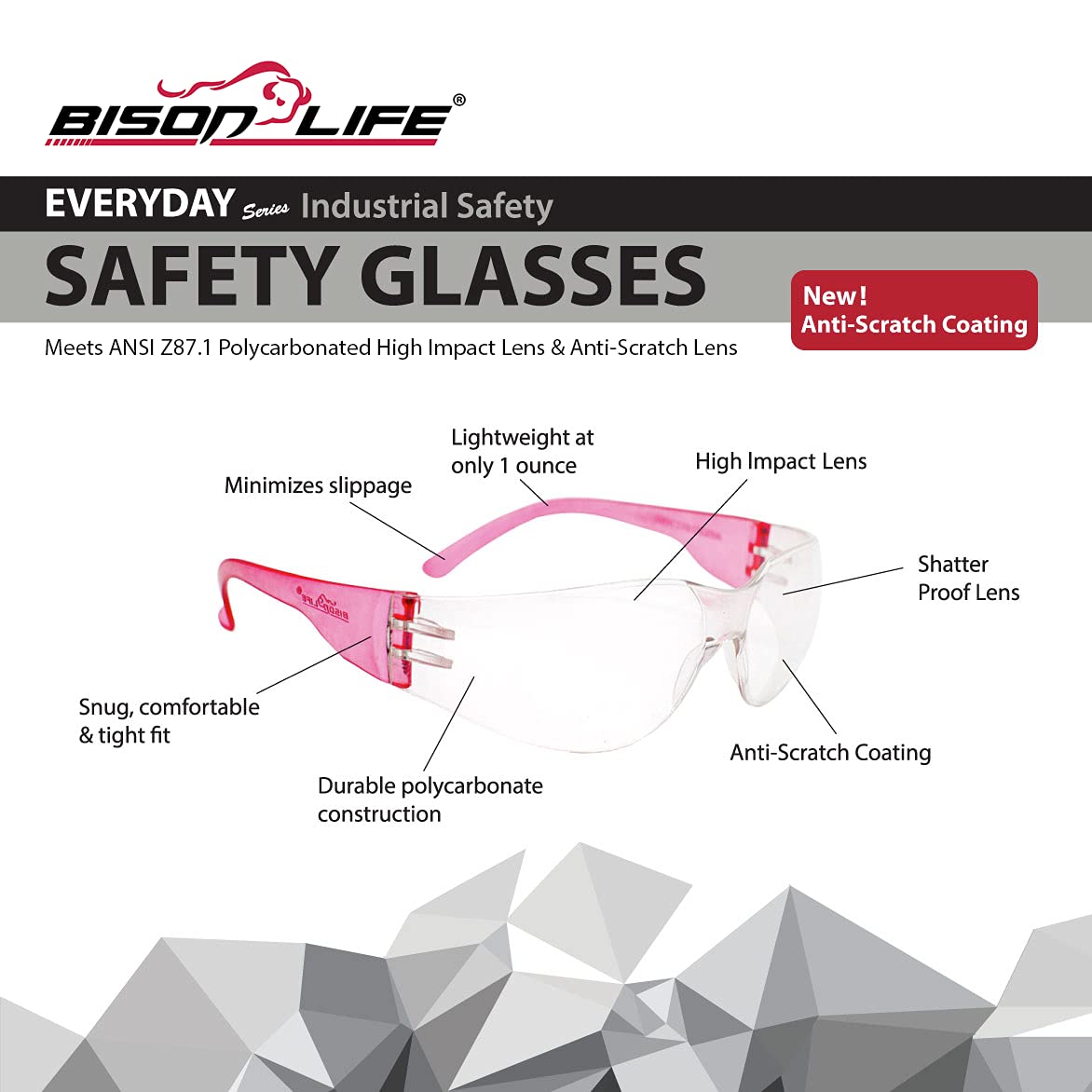 BISON LIFE Gafas de seguridad, resistentes a los arañazos, lentes de policarbonato ANSI Z87.1 resistentes a los impactos