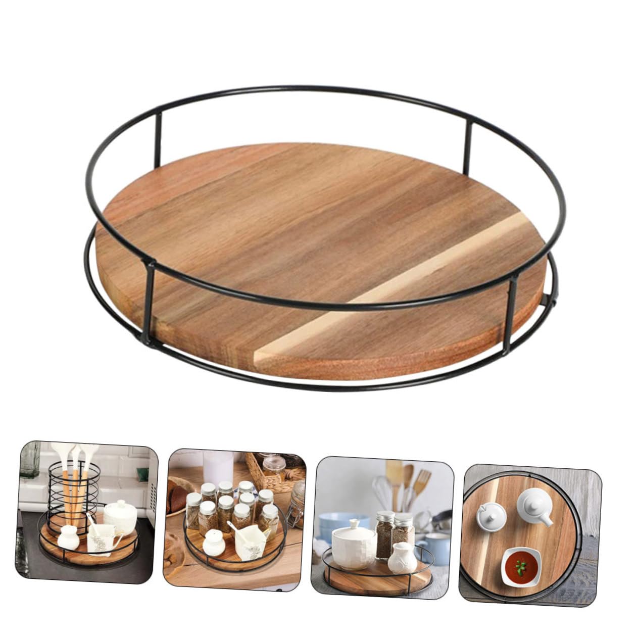 Amosfun Bandeja Organizadora Giratoria Redonda de Madera E Hierro Marrón | Cocina y Baño, Diseño Práctico Multifuncional, Fácil de Sacar Objetos, Soporte para Tarro de Especias