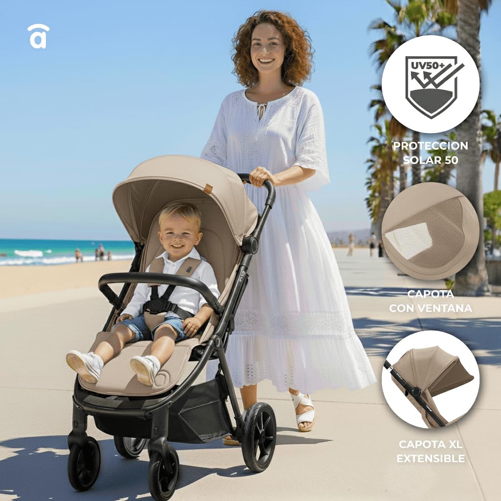 Asalvo KIBU Silla de Paseo, Carrito bebé, Carro para bebés, Confortable, Ultraligera, Segura, Capota con Ventana y Freno Trasero, Manejable, Plegado compacto, Carga Máxima 24 kg, Beige