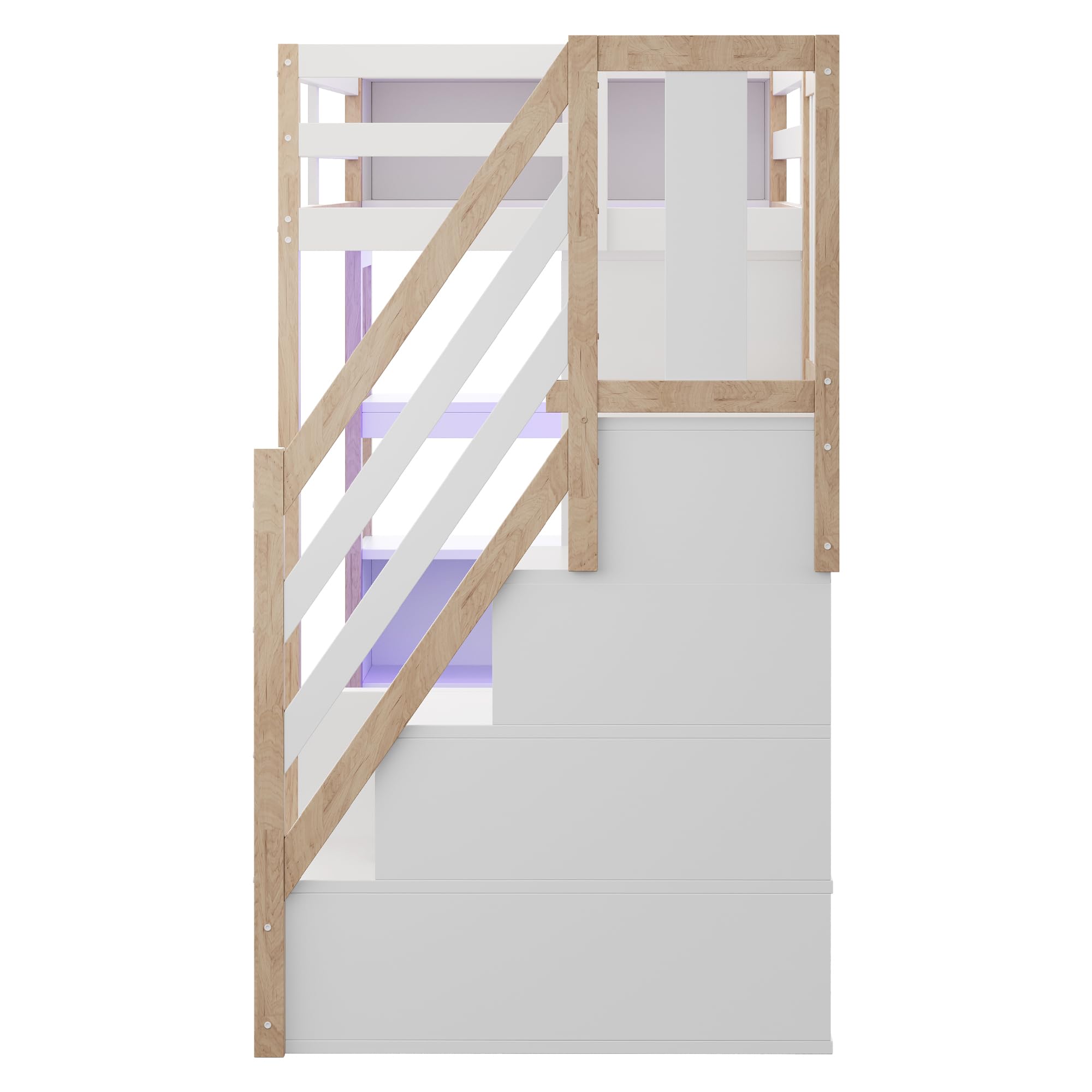 Moimhear Cama alta de madera, armario individual, escritorio grande, armario de almacenamiento, compartimento de almacenamiento, escaleras, barras de luz LED (blanco+natural)