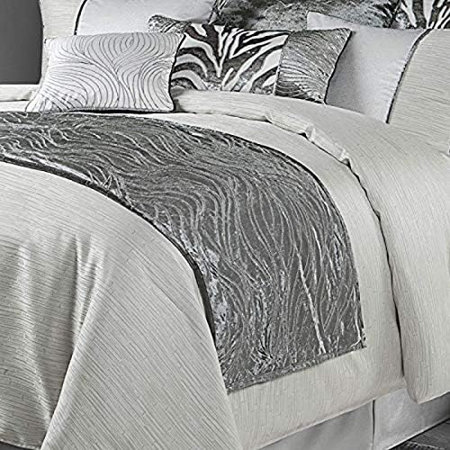 HiEnd Accents Celeste Gray Silver Velvet Wave Embroidered Bed Runner, 24x96 inch Modern Decorative Bed Scarf
