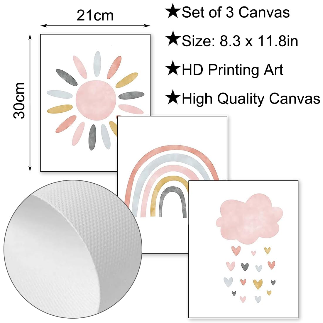 Set di 3 Quadri Tela 21x30cm, Poster Arcobaleno Nuvole Sole per Cameretta dei Bambini, Stampe Senza Cornice Stile Boho per Decorazione Parete