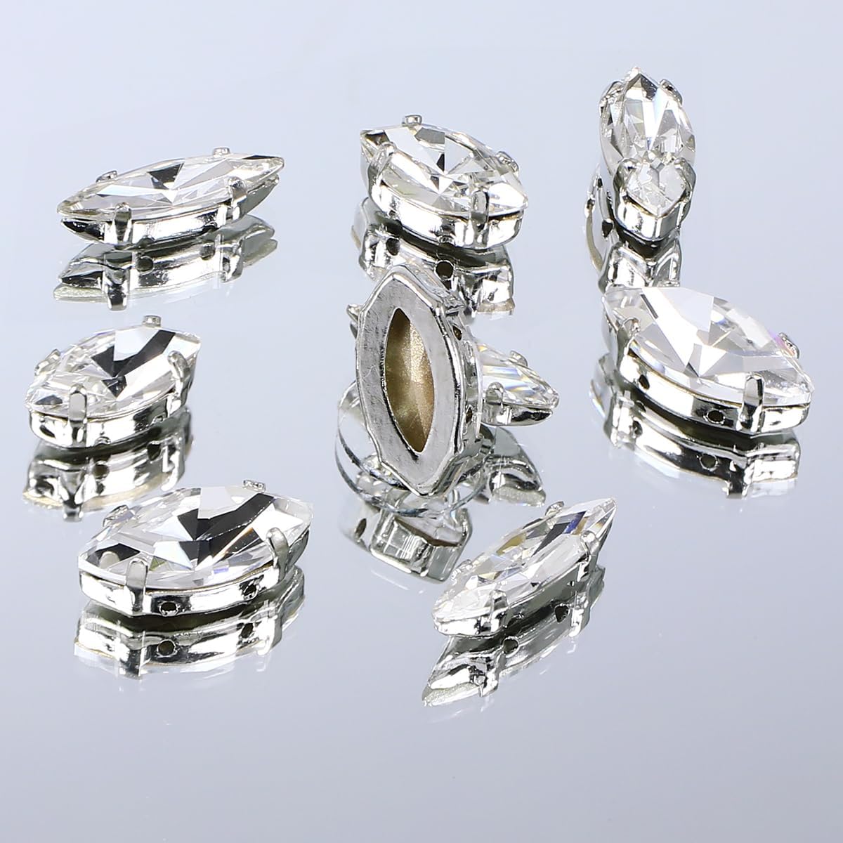 DONGZHOU Navette Shape Sew On Rhinestone with Silver Claw,48Pcs Mix Size Sewing Crystal Stone K9 Glass Gems for Clothes Shoes Jewelry Making DIY Crafts Wedding Decoration