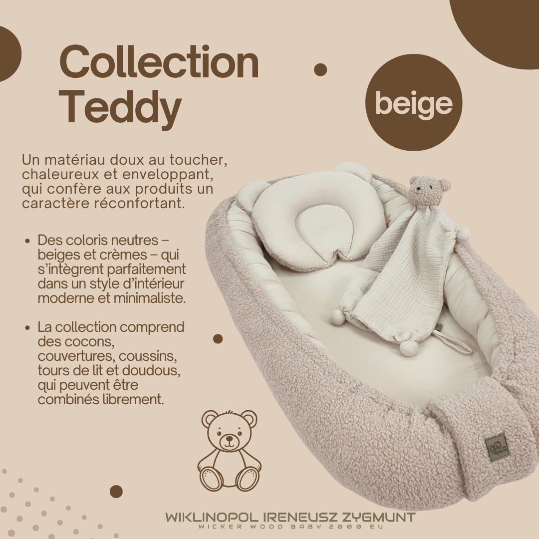 WIKLINOPOL Ensemble Babynest Beige – Baby Nest pour nouveau-né, nid & cocon avec coussin Teddy, couverture & doudou – Équipement bébé respirant en mousseline & peluche Teddy