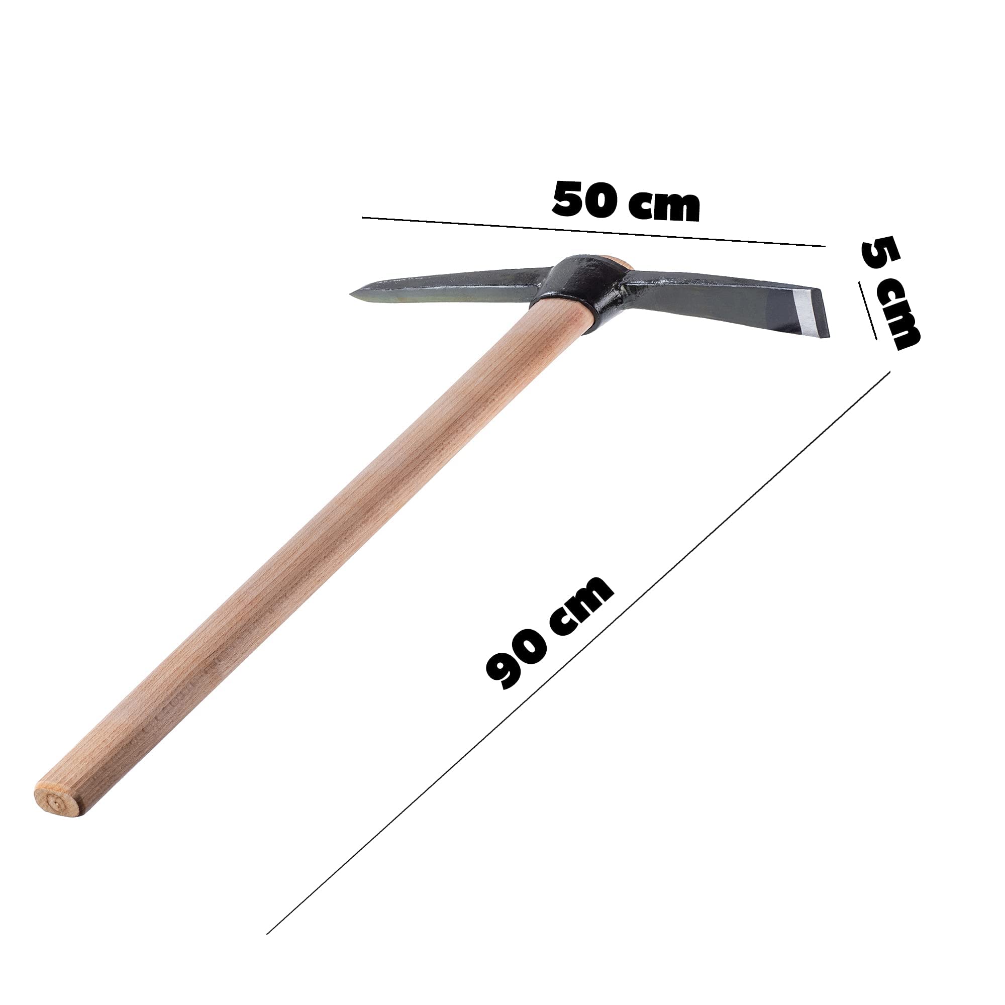 KADAX Spitzhacke mit Holzgriff, 2,5kg Spitzhacke aus beständigem Stahl, Kreuzhacke mit Doppelkopf, Universalspitzhacke, Hacke zum Lockern des Bodens (Länge: 90 cm)