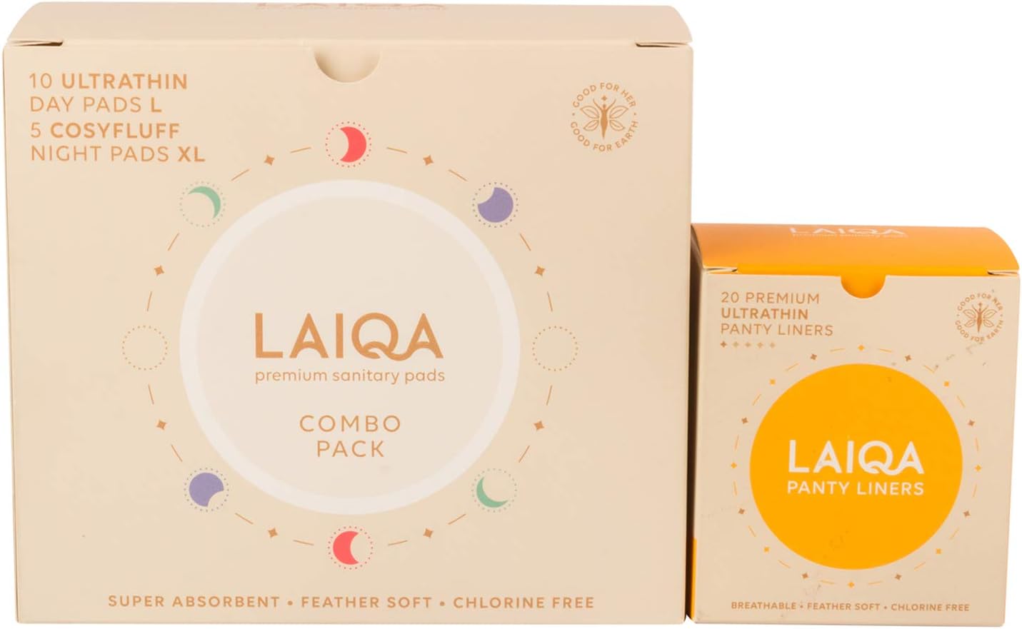 Laiqa Period Pack: Premium Sanitary Napkins Cosyfluff + Ultrathin Combo Pack 10 Days Pad L & 5 Night Pads XL - 1 Box + Laiqa Panty Liner 155mm