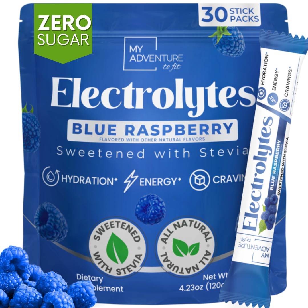 My Adventure to Fit Sugar Free Blue Raspberry Electrolyte Powder Packets (30 Pack) - All Natural Ingredients, Caffeine-free Energy for Refreshing Hydration - Vegan,