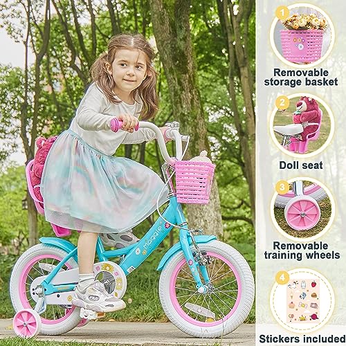 Glerc 14 Inch Kids Bike For 3 4 5 Years Old Little Girls Cute Bicycles With Basket Training Wheels And Bell,Color Blue #TOP1