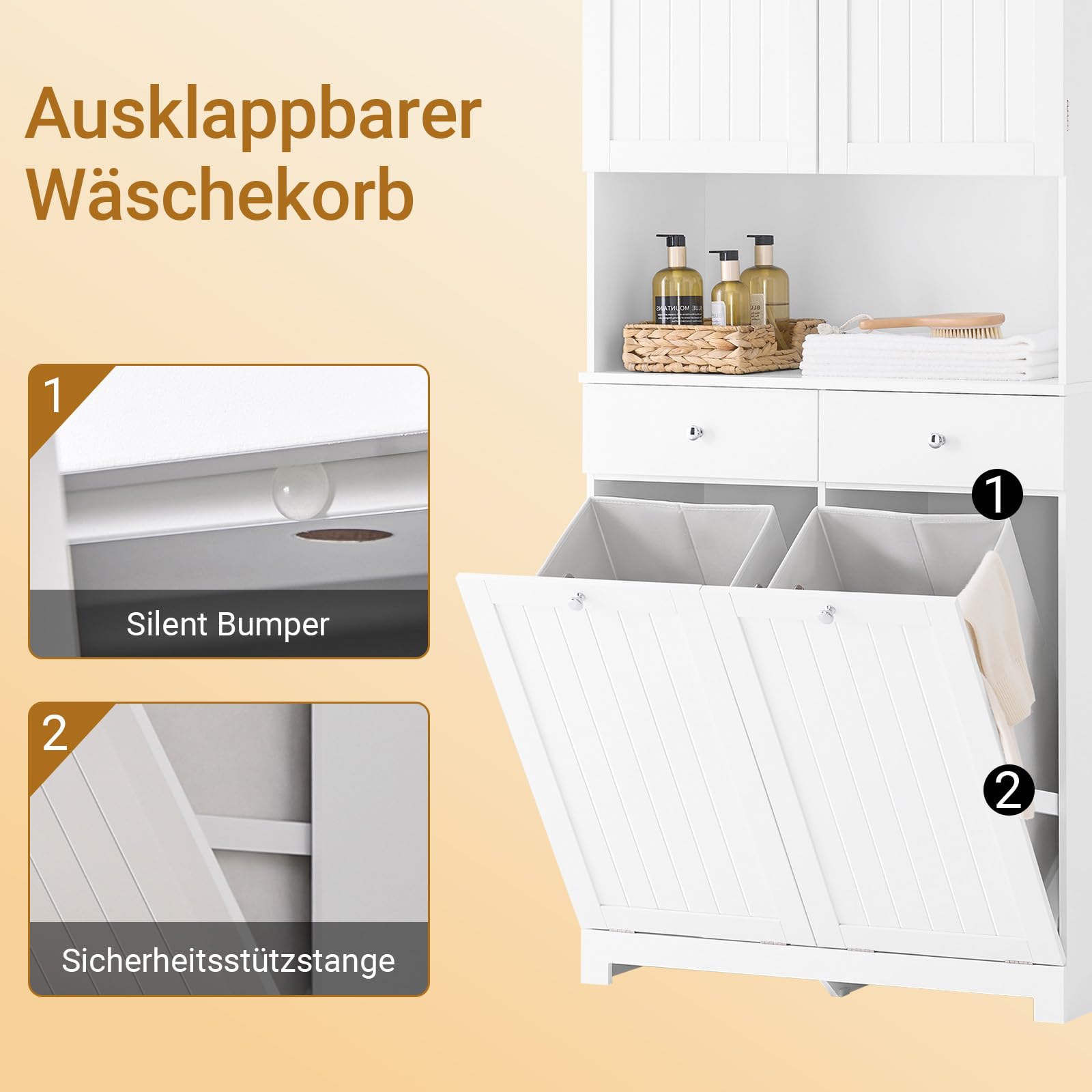 SoBuy Badezimmerschrank Schmal Hochschrank 78x38x181cm Badmöbel aus PB | Mit 2 Wäschekörben & 2 Schubladen Offenem Regal für Kleine Badezimmer BZR215-W