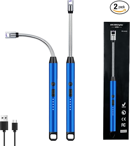 2 PCS Candle Lighter, Electric Lighter Arc Windproof Flameless with 360° Flexible Neck & LED Power Display, Lighters for Candle for BBQ, Grill, Camping, Fireplace, Stove(Blue)