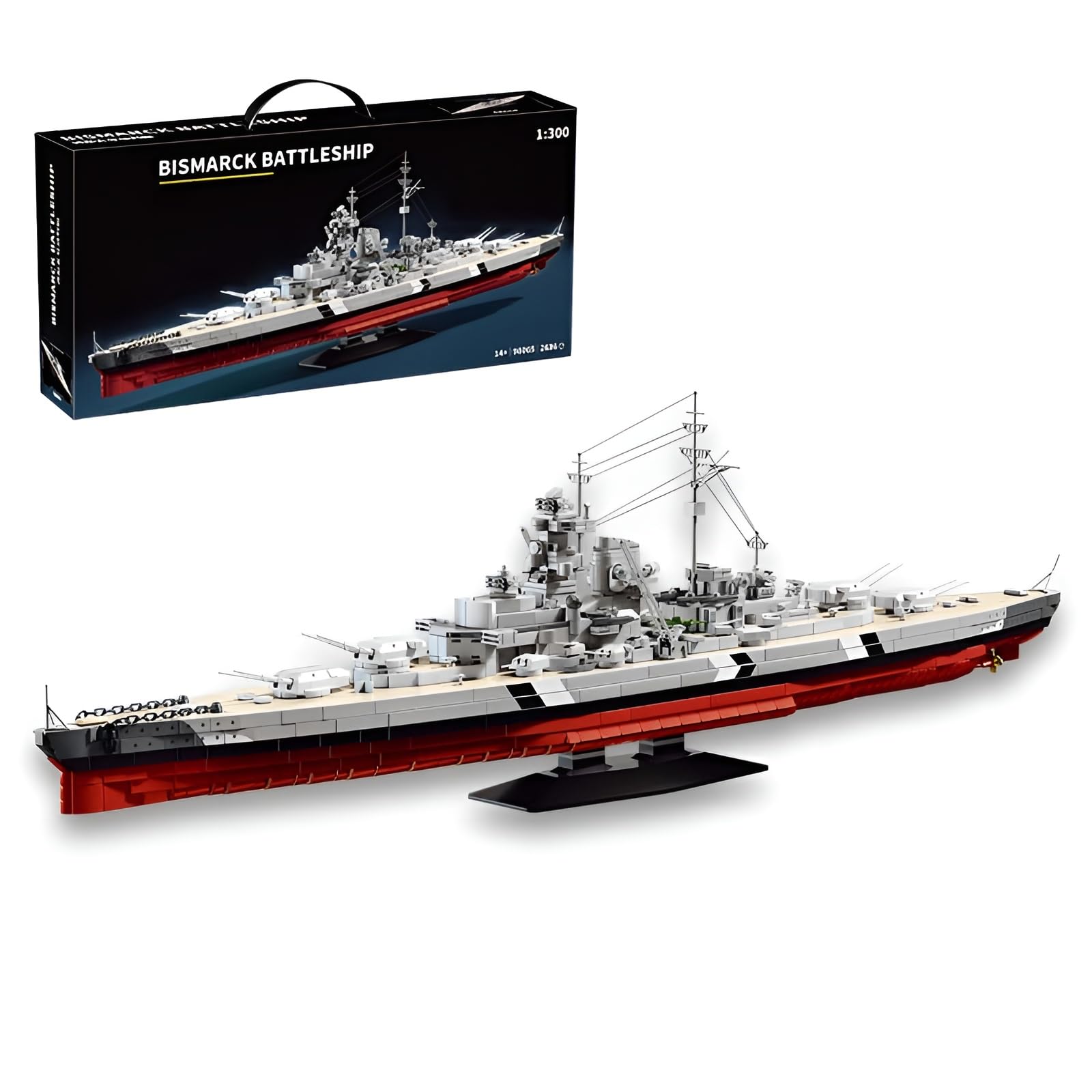MirthMakers Bismarck Battleship Building Kit, 1:300 WW2 Warship Bricks Kit with Display Stand, Military Series Model