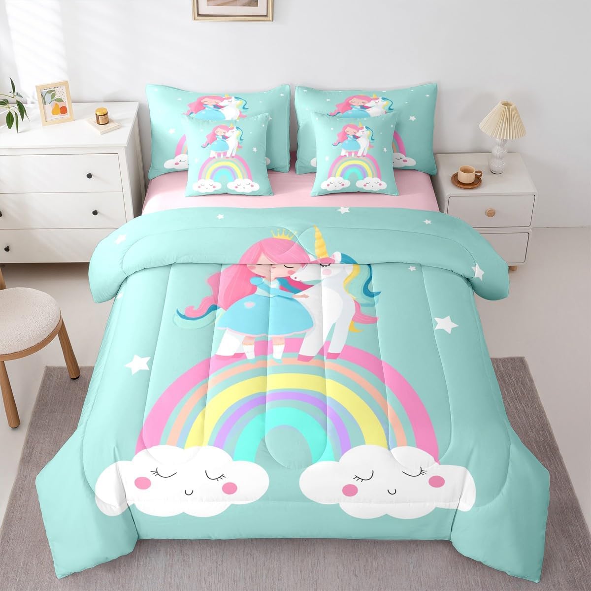 Erosebridal Dinosaur 7 Pieces Bedding Set Wild Animals Full Comforter Set for Boys Girls Kids | Jungle Hunting Bed in A Bag with Flat and Fitted Sheet Trees Botanical Bed Set