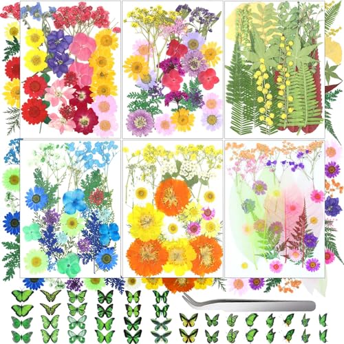 Image of 210 Pcs Dried Pressed Flowers for Resin, Dried Pressed Flowers for Crafts, Bulk Natural Dried Flowers Kit with DlY Butterfly Stickers&Tweezers for Resin Molds, Candles, Soap,Jewelry Making, Art Crafts