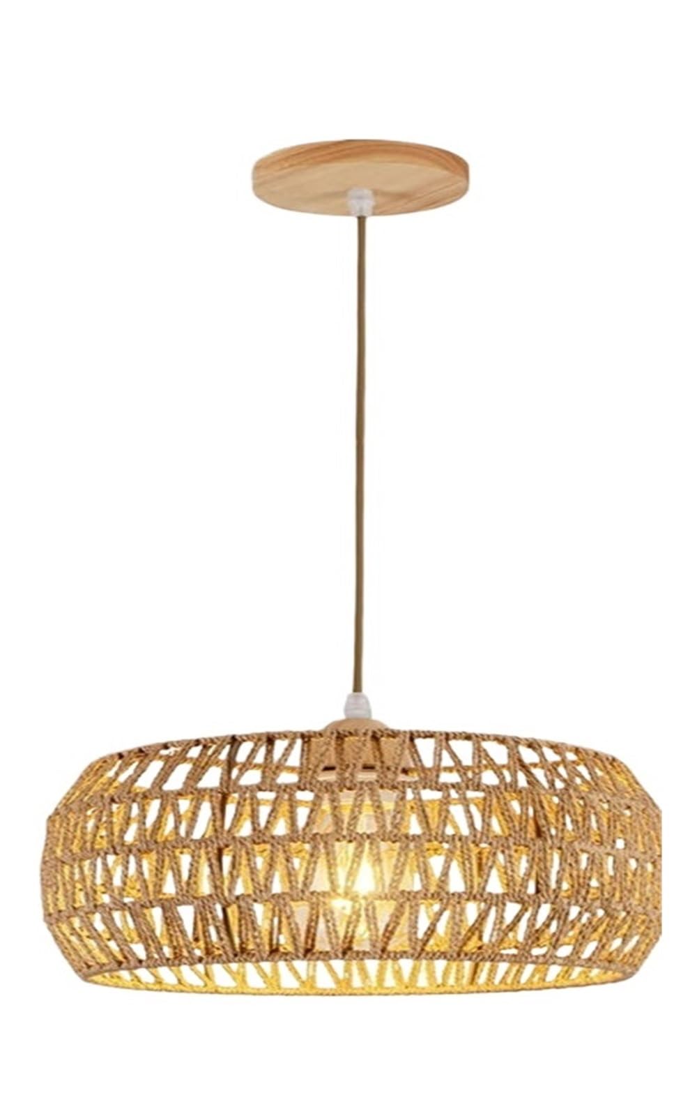 Rattan Lampshade Suspended Woven Lampshade Wooden Base Pendant Light