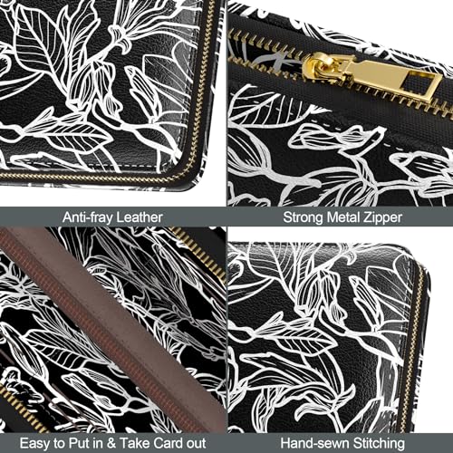 Image of Nipichsha Womens Wallet, RFID Wristlet Wallet for Women, Cute Ladies Purse, Large Credit Card Clutch Purse, Leather Card Holder Wallets with Zipper & Phone Holder, Black White Leaf
