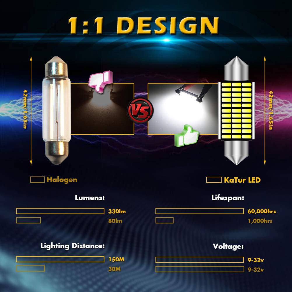 KATUR Żarówki LED Festoon C5W 41 mm, 42 mm, 6000 K, białe światło, super jasne chipsety Canbus, bez błędów, dla 211-2, 212-2, 214-2, 2112, 2122, 569, 578, oświetlenie wnętrza, kopuły, tablicy