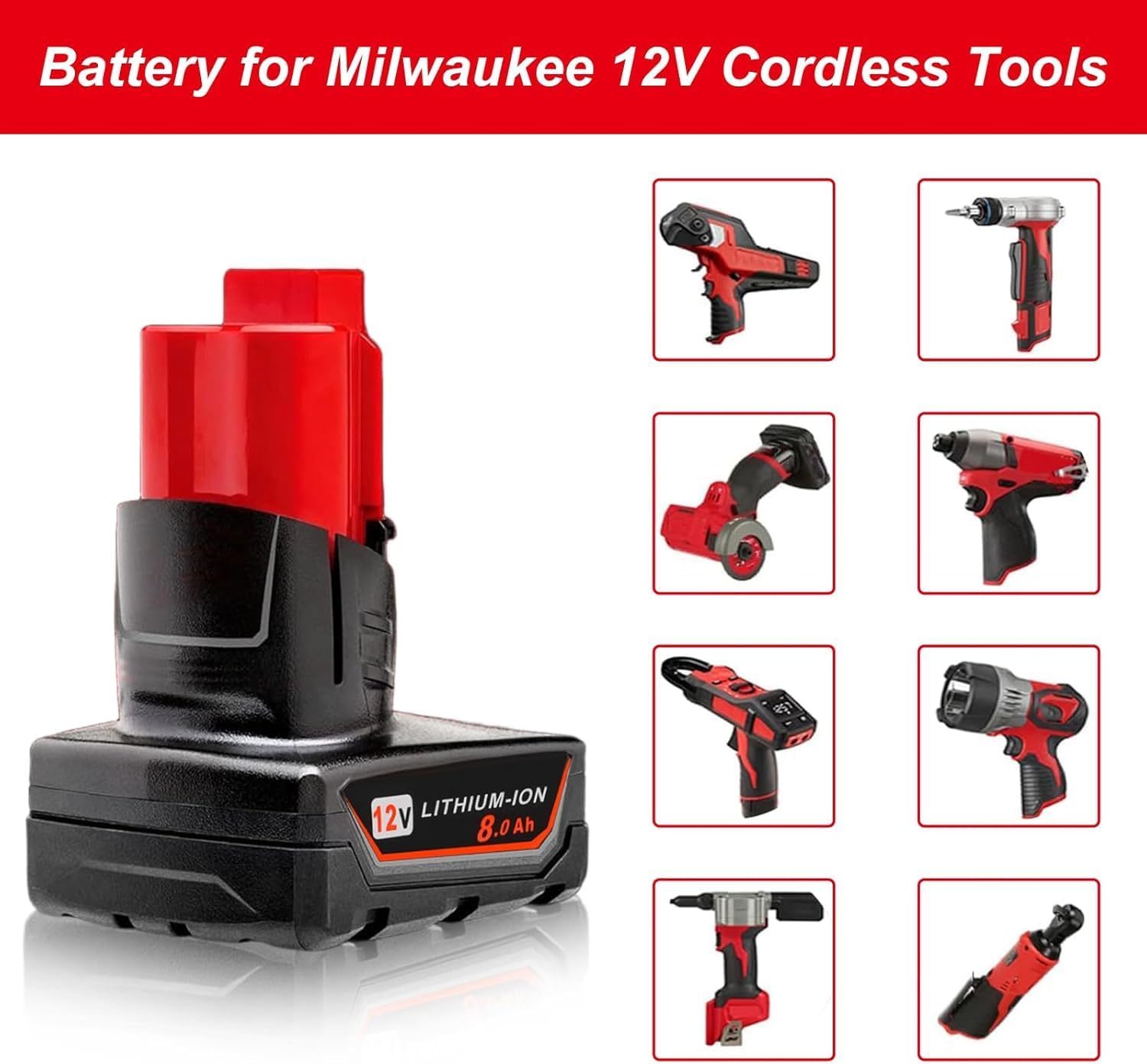 2 Pack 12V 8.0Ah Replacement Battery Compatible with Milwaukee 8Ah 48-11-2401 Li-Ion Battery 48-11-2420 48-11-2411 48-11-2440 48-11-2402 Tools - Image 4