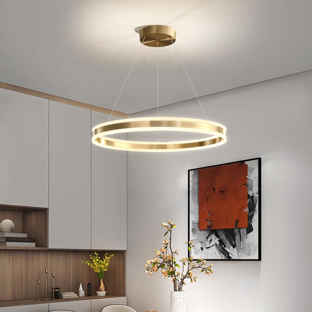 Bellastein Modern LED Round Dining Table Chandelier Dimmable with Remote Control Ceiling Lighting Chandelier Height Adjustable Pendant Light Suitable for Dining Table Living Room Office (L40cm)