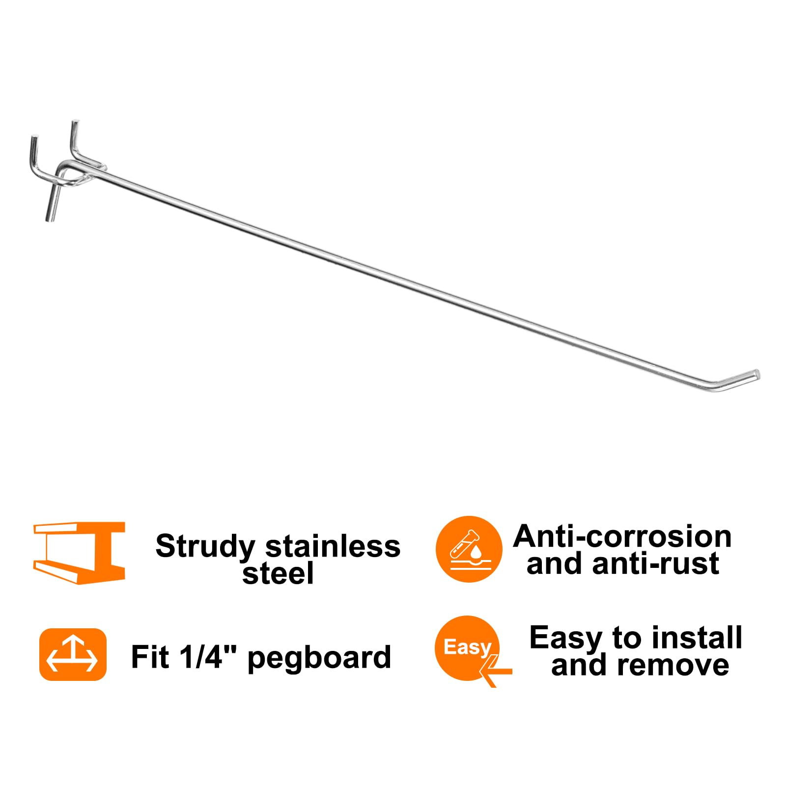 QUARKZMAN 50 Pezzi Ganci Per Pannello Forato 30 Cm Acciaio Inox Ganci Appendere Attrezzi Organizzatore Parete Per Banco Lavoro Garage Cucina Negozio, Argento