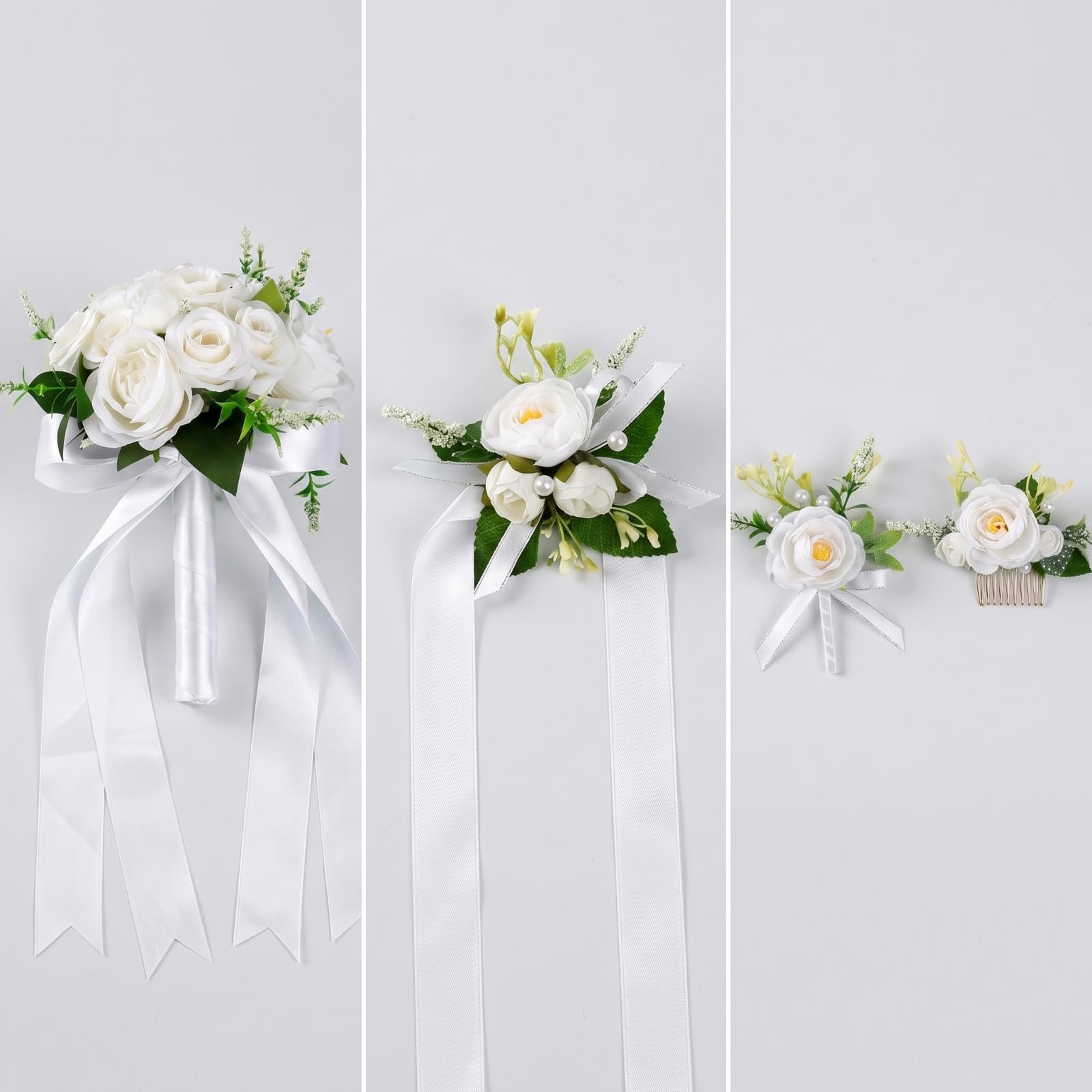 4 Pezzi Bouquet Nuziale Fiori Artificiali Set Matrimonio Composizione Floreale Boutonniere Polsiera Pettinino Leggero con Pettine Metallo Spille