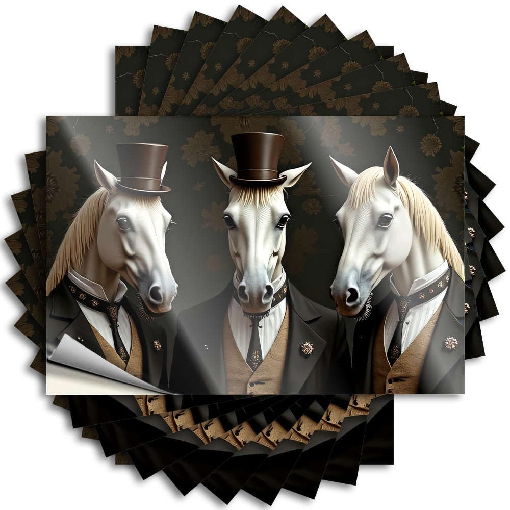 Horses in Top Hats, Elegant Attire Fluffy Funny Sticker | Basement Decor Waterproof Vinyl Case Fall Removable Decal Peel Stick(8X12CM)