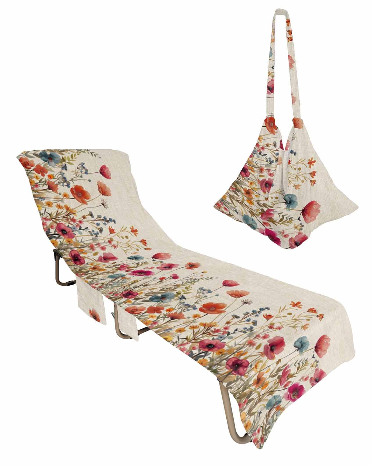 Beach Pool Patio Lounge Chaise Chair Cover Towel with Pockets,Floral Red Absorbent & Quick Dry Microfiber Towel Cover Bag Summer Travel Accessories Vintage Botanical Spring Summer Garden Herbs