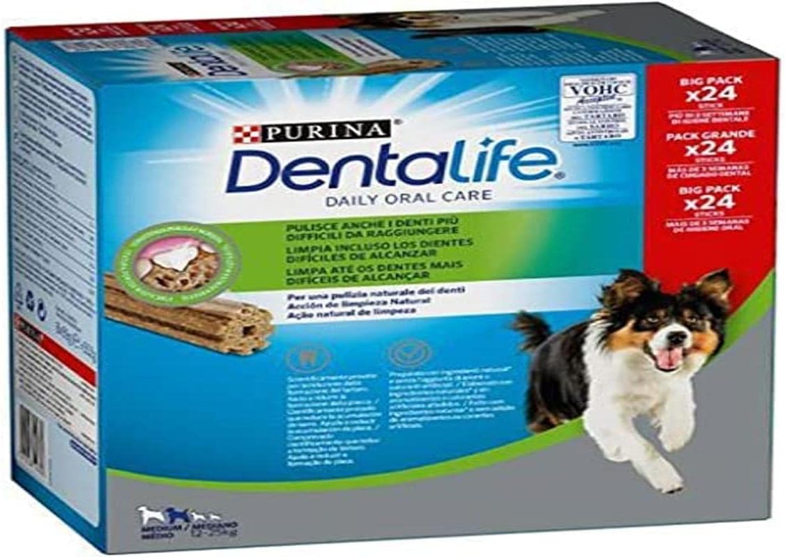 Purina Dentalife Daily Oral Care Medium, Snack Dental, premio para perros medianos , 2 packs de 24 sticks - 48 sticks