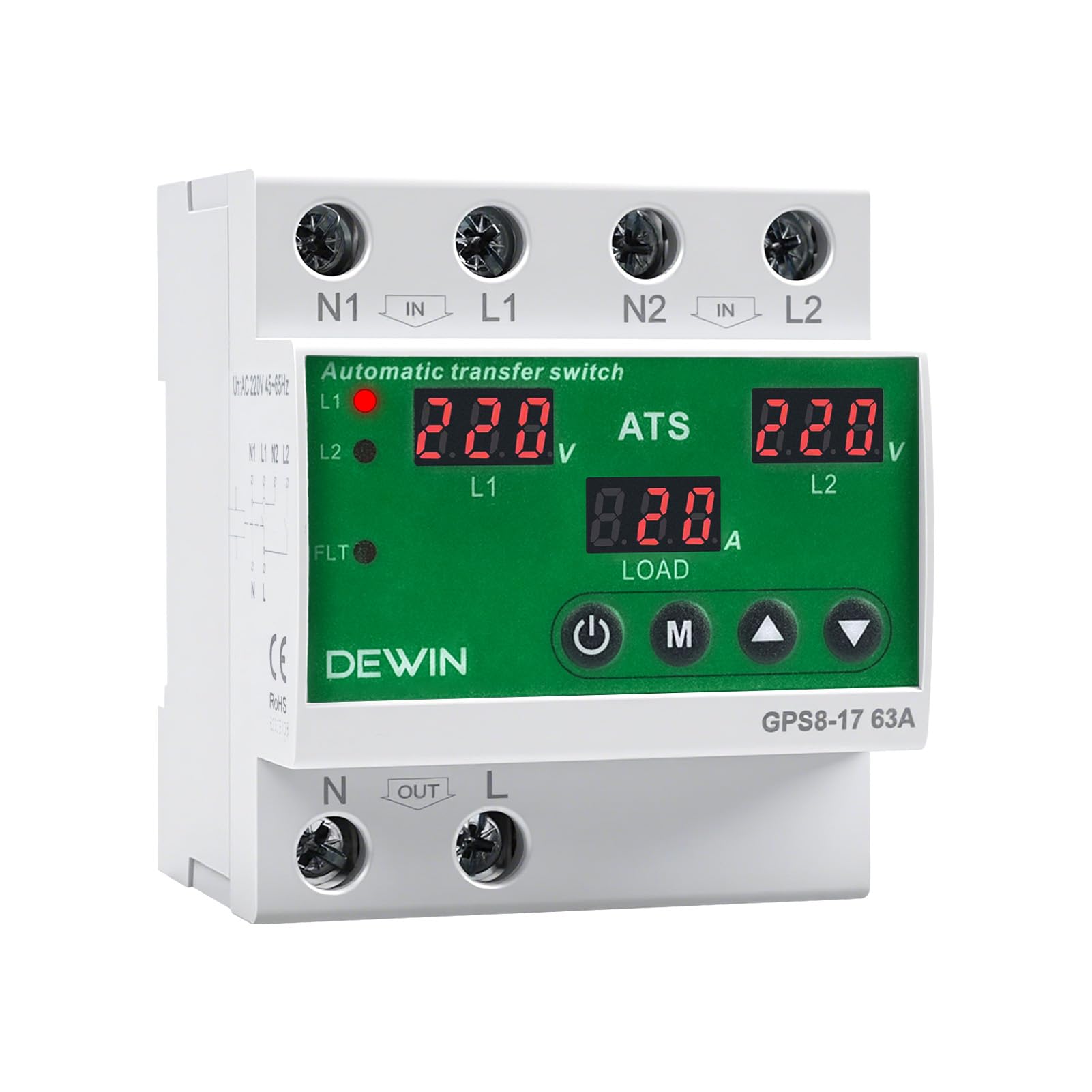 Commutatore di Rete Automatico,ATS 63A AC220V Interruttore di Trasferimento | Interruttore di Trasferimento Automatico con Display LED,Protezione da Sovratensione e Sottotensione Regolabili （GPS8-17）