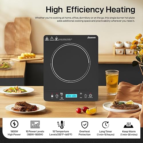 Miniatura 7 de Panana Placa de cocción de inducción portátil quemador de encimera de 1800 W, 10 niveles de temperatura, temporizador, apagado automático, panel