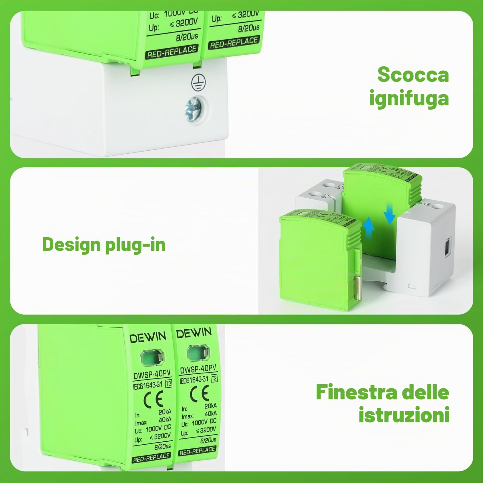 DEWIN Scaricatore di Sovratensione 2P 40KA DC 1000V Fotovoltaico Protezione Fulmini