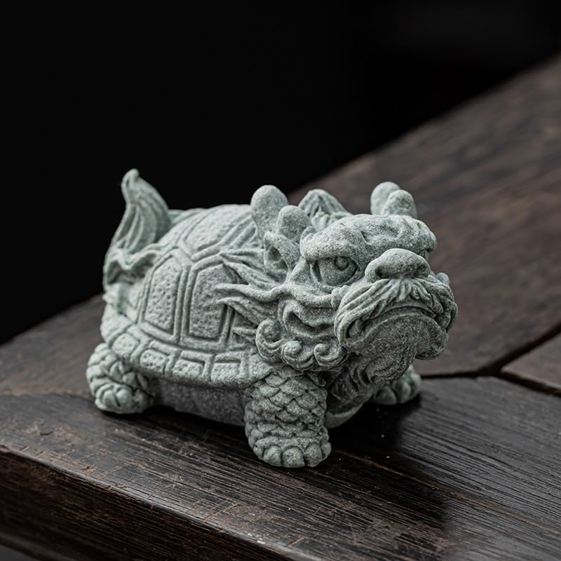 Statua fatta a mano a forma di tè per animali domestici, in arenaria verde, drago della fortuna, tartaruga, ornamento per animali domestici, decorazione per la scrivania, accessori per la tavola